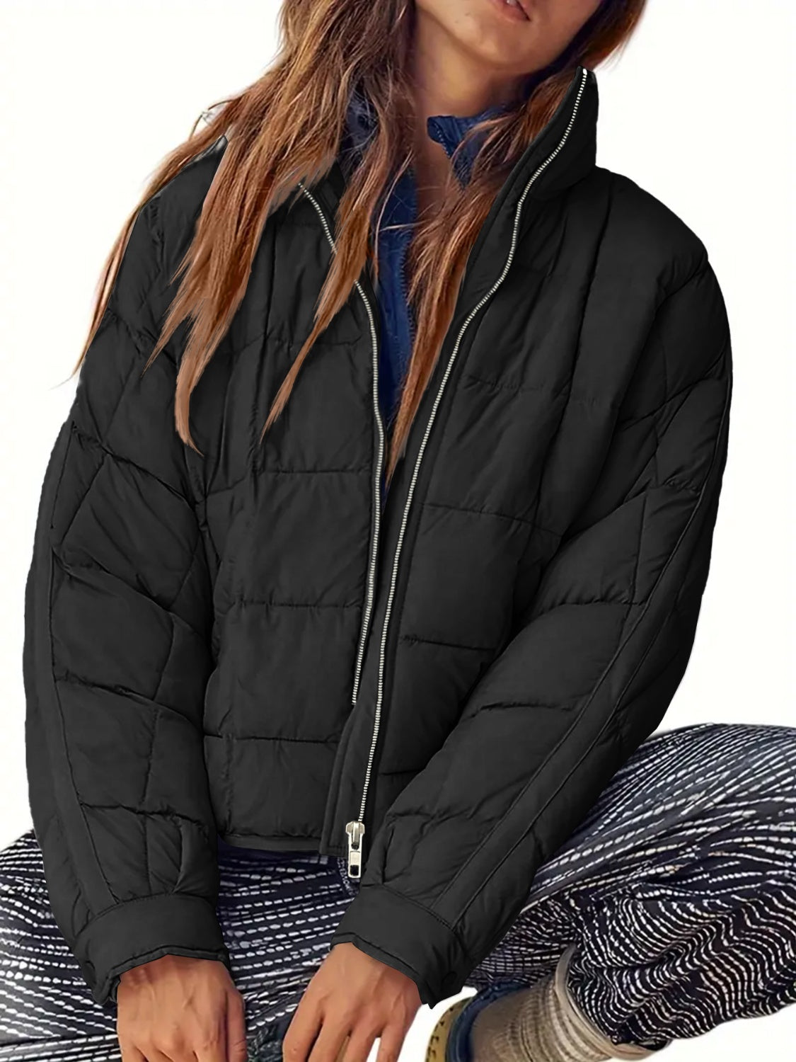 Pocketed Plaid Quilted Zip Up Winter Coat-TOPS / DRESSES-[Adult]-[Female]-2022 Online Blue Zone Planet