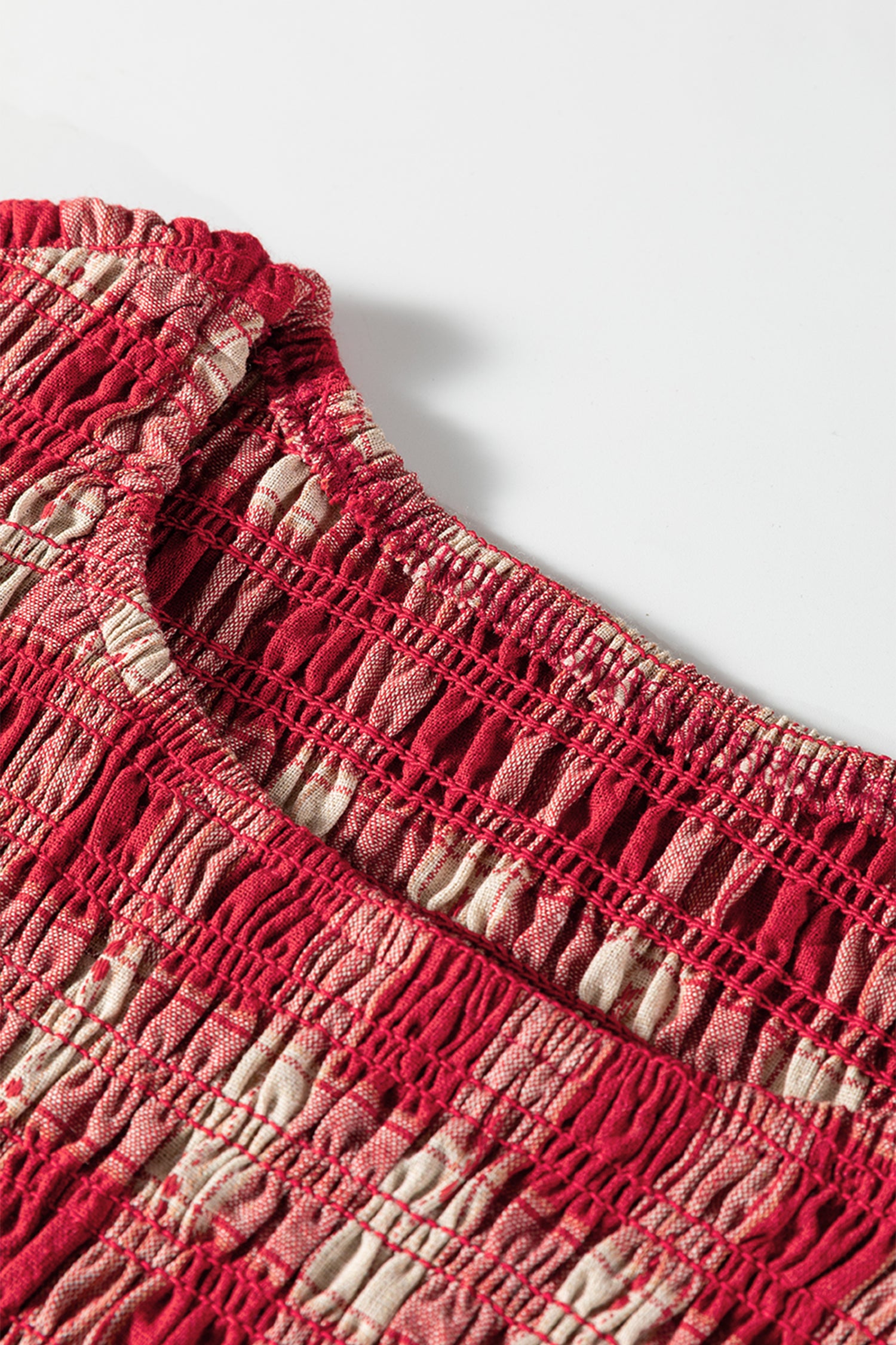 Red Plaid Print Smocked Puff Sleeve Mini Dress-TOPS / DRESSES-[Adult]-[Female]-2022 Online Blue Zone Planet