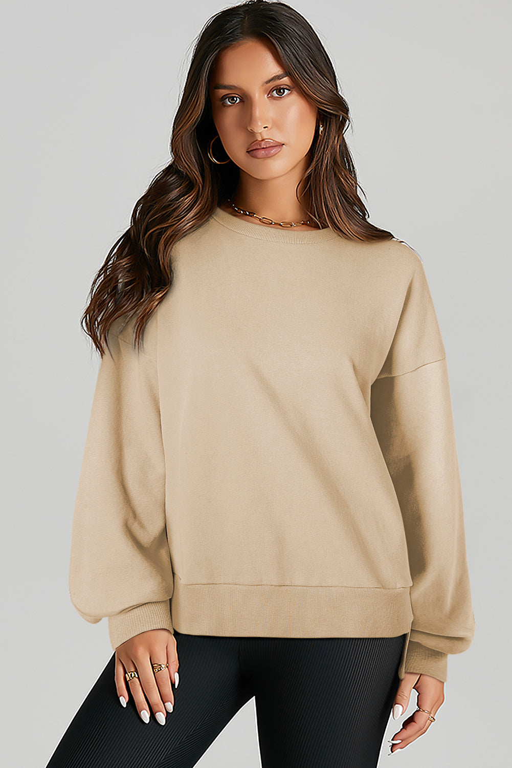 Parchment Solid O Neck High Low Hem Pullover Sweatshirt-Tops/Sweatshirts & Hoodies-[Adult]-[Female]-2022 Online Blue Zone Planet