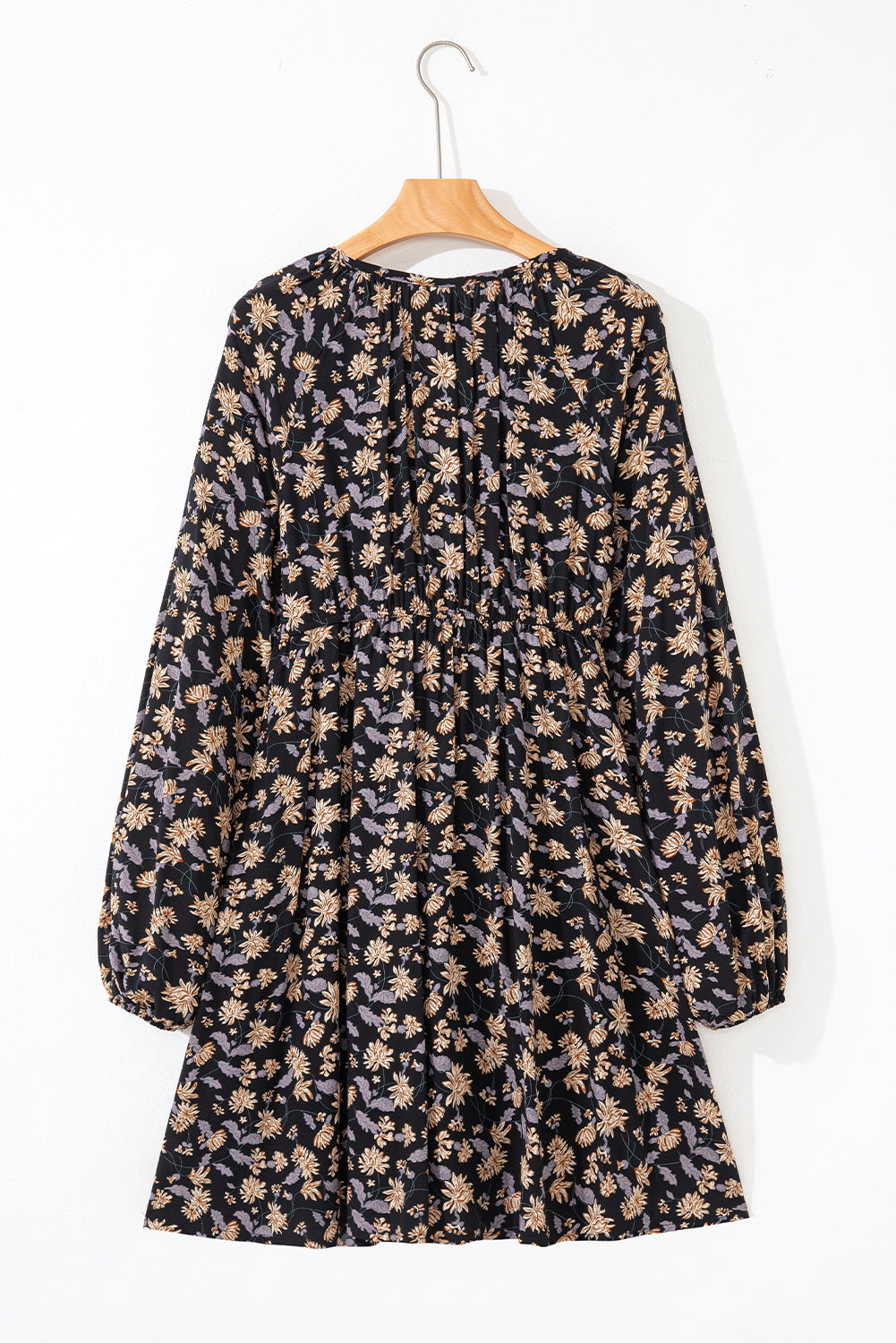 Black Floral Deep V Neck Smocked Bust Bubble Sleeve Babydoll Dress-TOPS / DRESSES-[Adult]-[Female]-2022 Online Blue Zone Planet