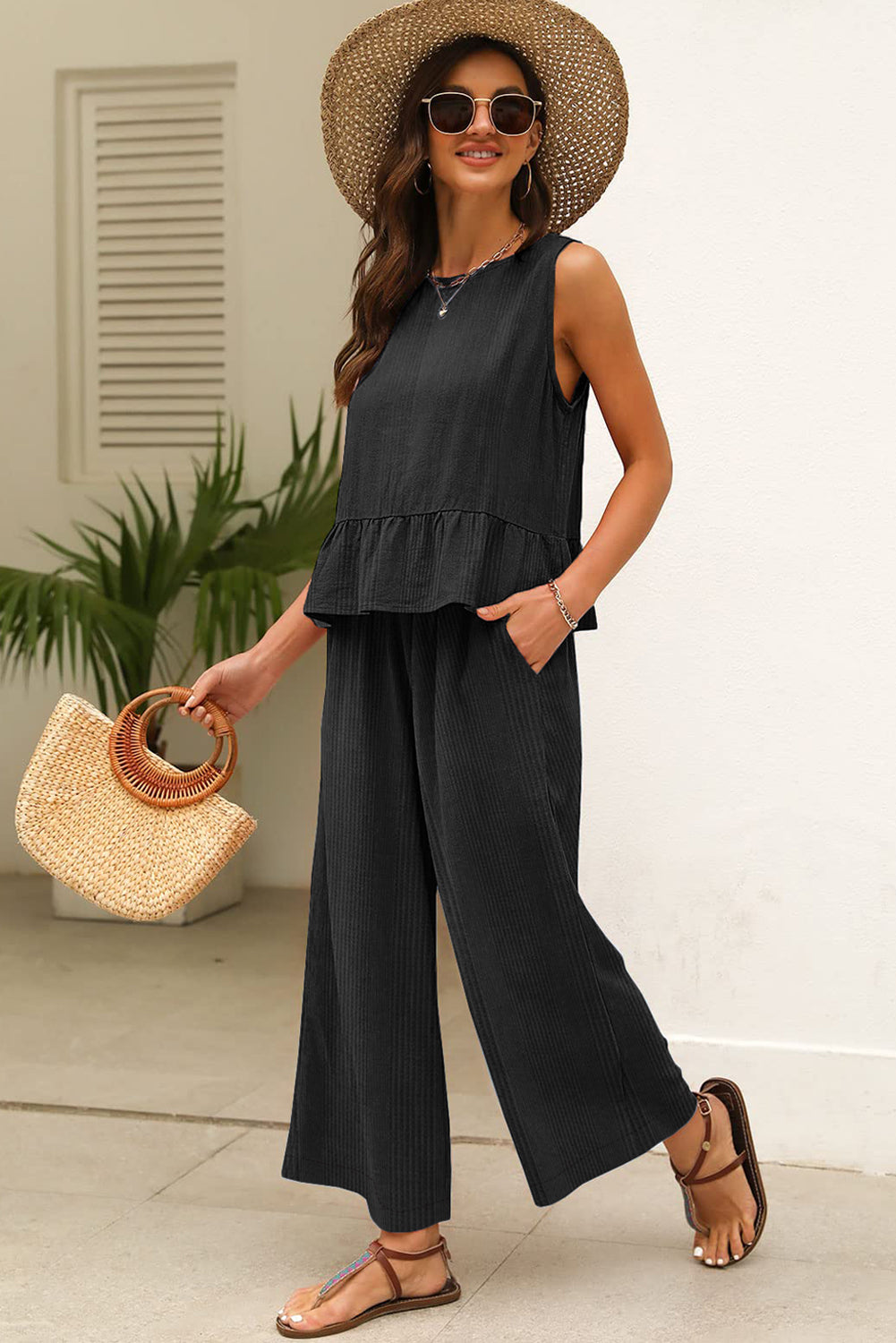 Black Solid Color Ribbed Ruffle Tank Top and Pants Set-Two Piece Sets/Pant Sets-[Adult]-[Female]-2022 Online Blue Zone Planet
