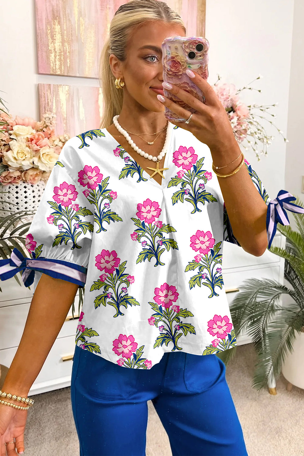 White Floral Colorblock Stripe Knot Bubble Sleeve V Neck Blouse-Tops/Blouses & Shirts-[Adult]-[Female]-2022 Online Blue Zone Planet