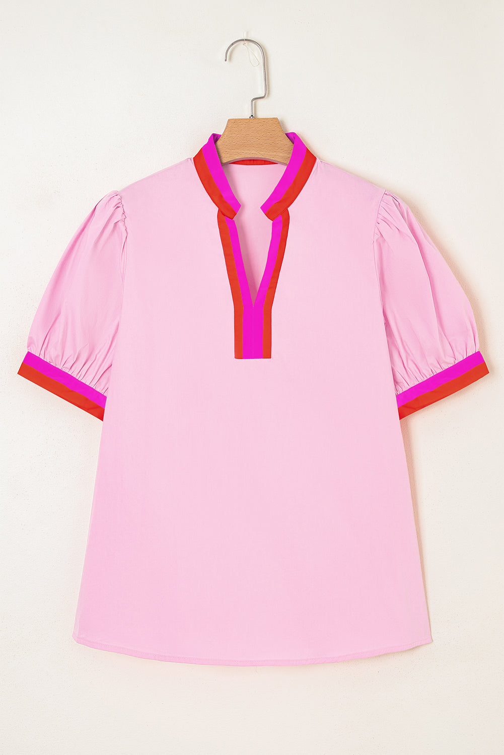 Pink Contrast Striped V Neck Collision Short Puff Sleeve Blouse-Tops/Blouses & Shirts-[Adult]-[Female]-2022 Online Blue Zone Planet