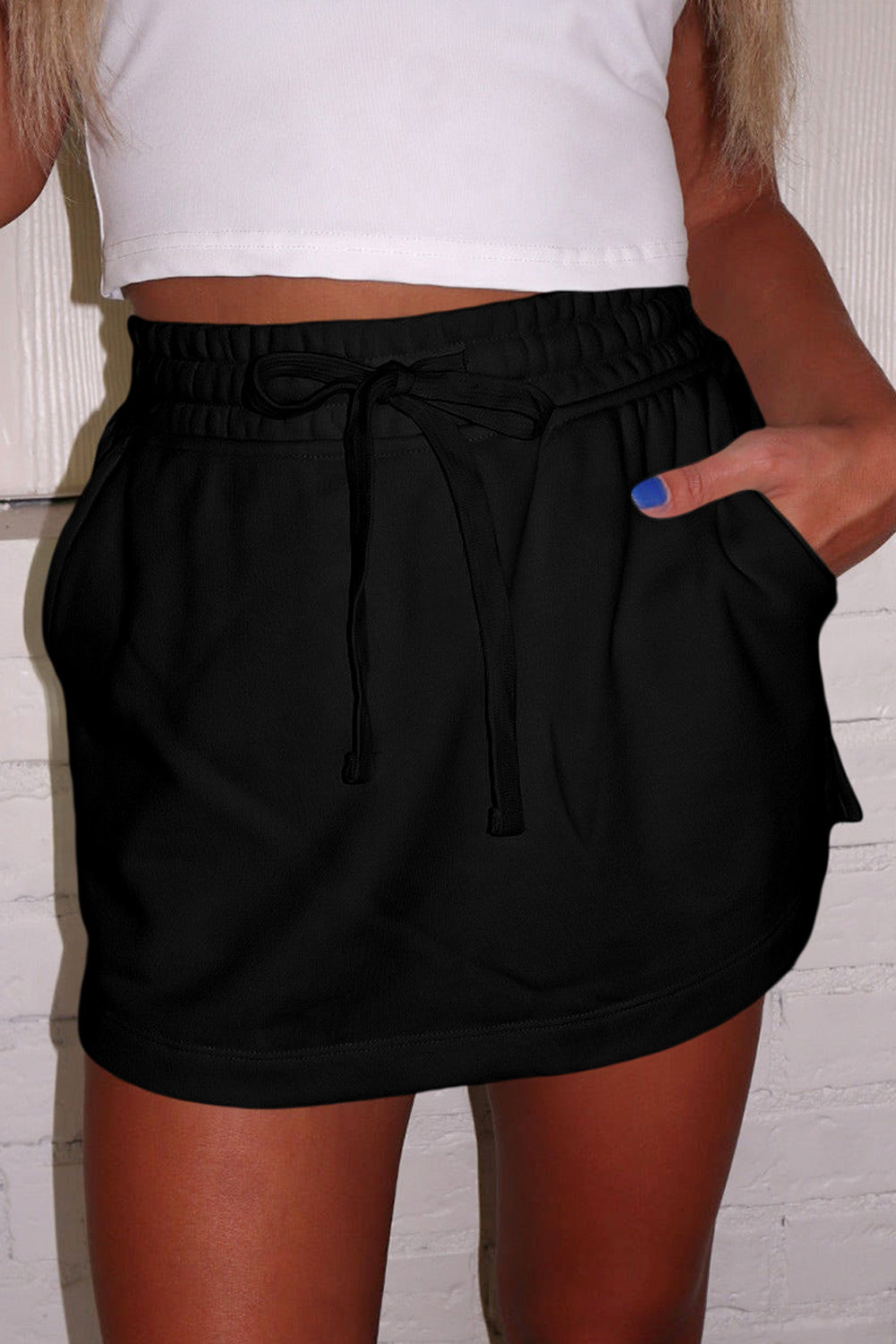 Black French Terry Drawstring Mini Skort with Pockets-Bottoms/Skirts & Petticoat-[Adult]-[Female]-2022 Online Blue Zone Planet