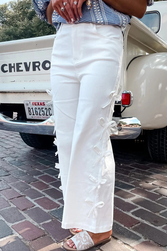 White Bow Knot Side Detail Straight Leg Loose Jeans-Bottoms/Jeans-[Adult]-[Female]-White-4-2022 Online Blue Zone Planet