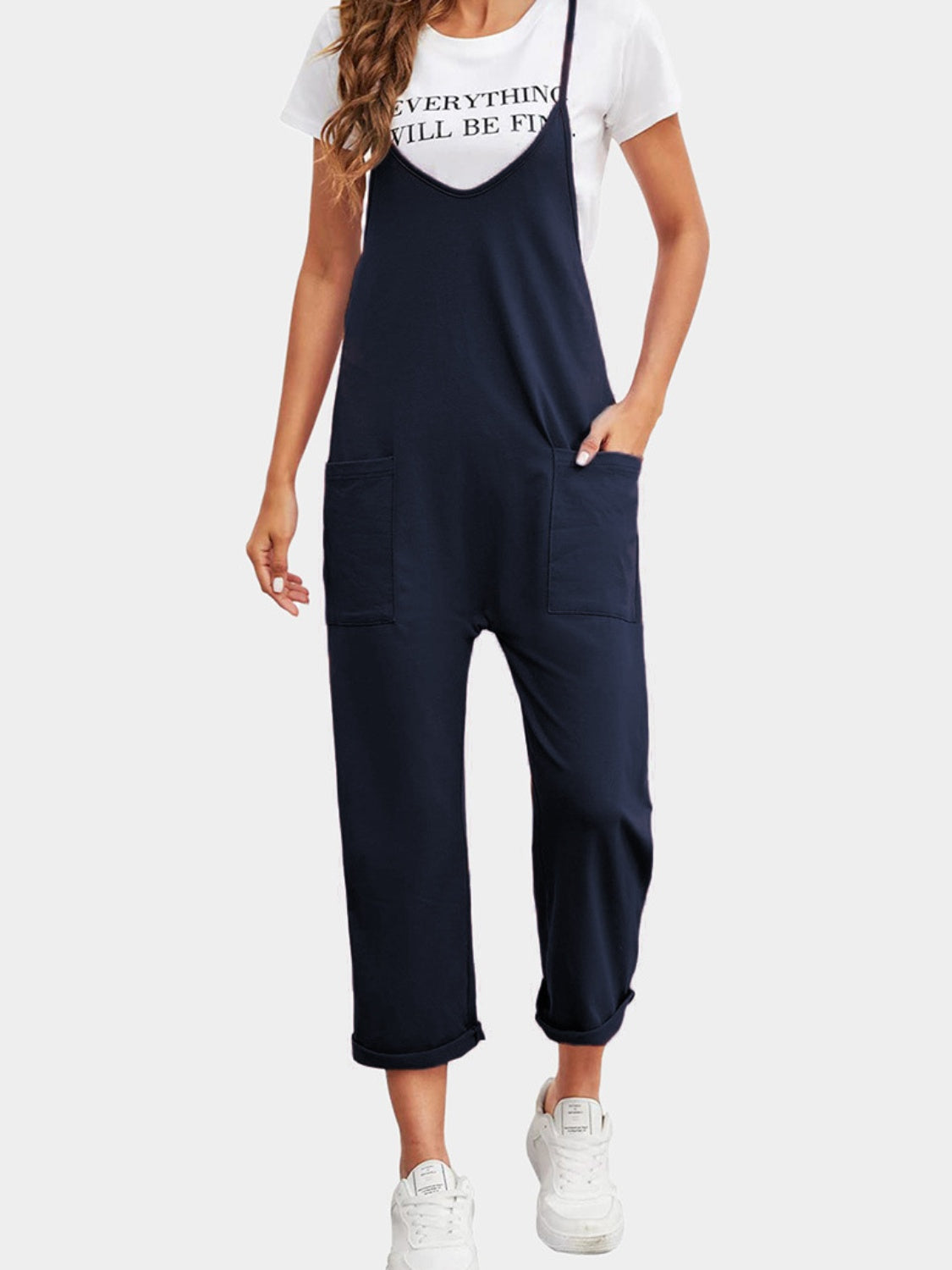 Full Size Spaghetti Strap Straight Leg Jumpsuit with Pockets-[Adult]-[Female]-Dark Blue-S-2022 Online Blue Zone Planet