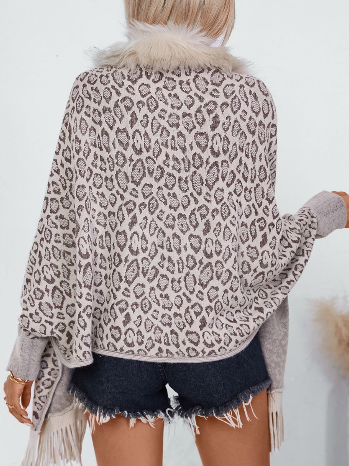 Fringe Leopard Open Front Long Sleeve Poncho-TOPS / DRESSES-[Adult]-[Female]-2022 Online Blue Zone Planet