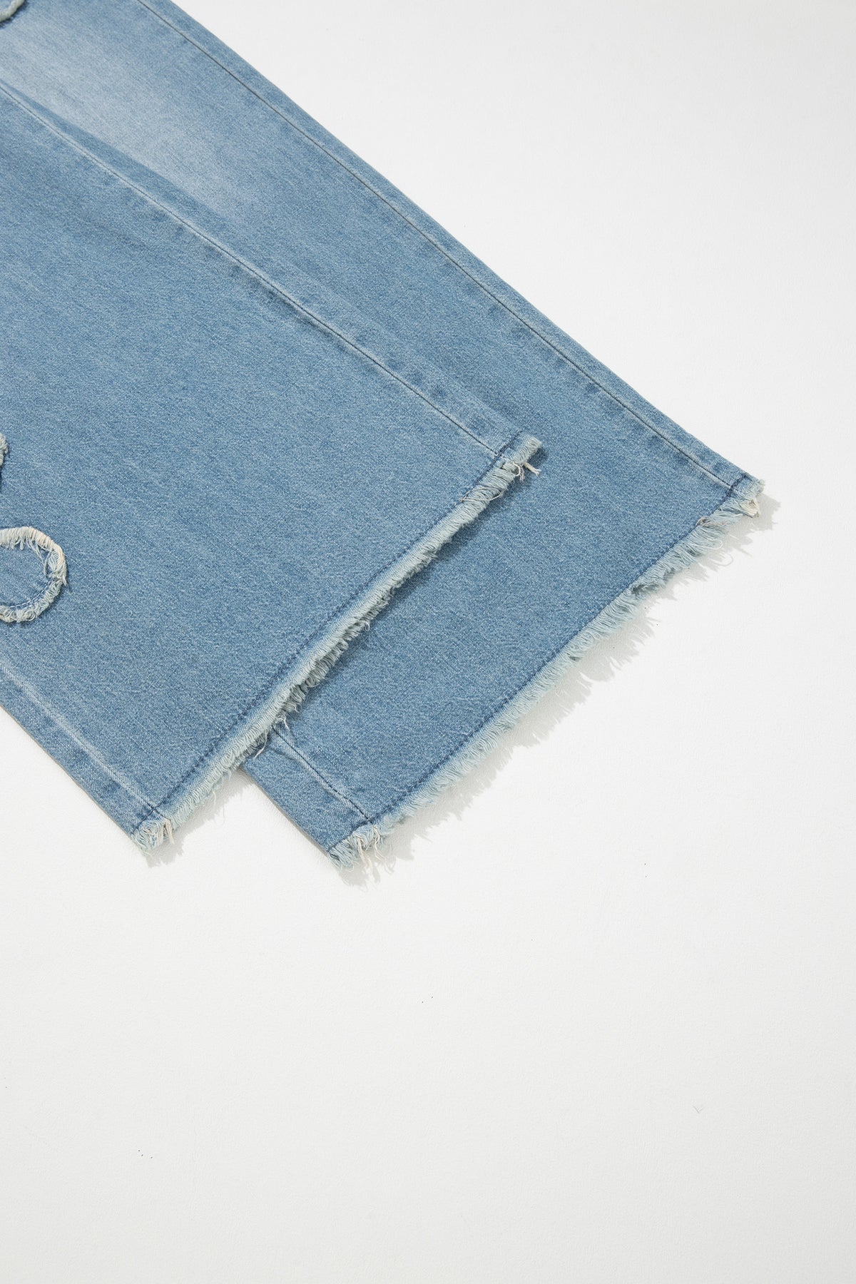 Beau Blue Frayed Floral Patch Wide Leg Raw Hem Wide Leg Jeans-Bottoms/Jeans-[Adult]-[Female]-2022 Online Blue Zone Planet