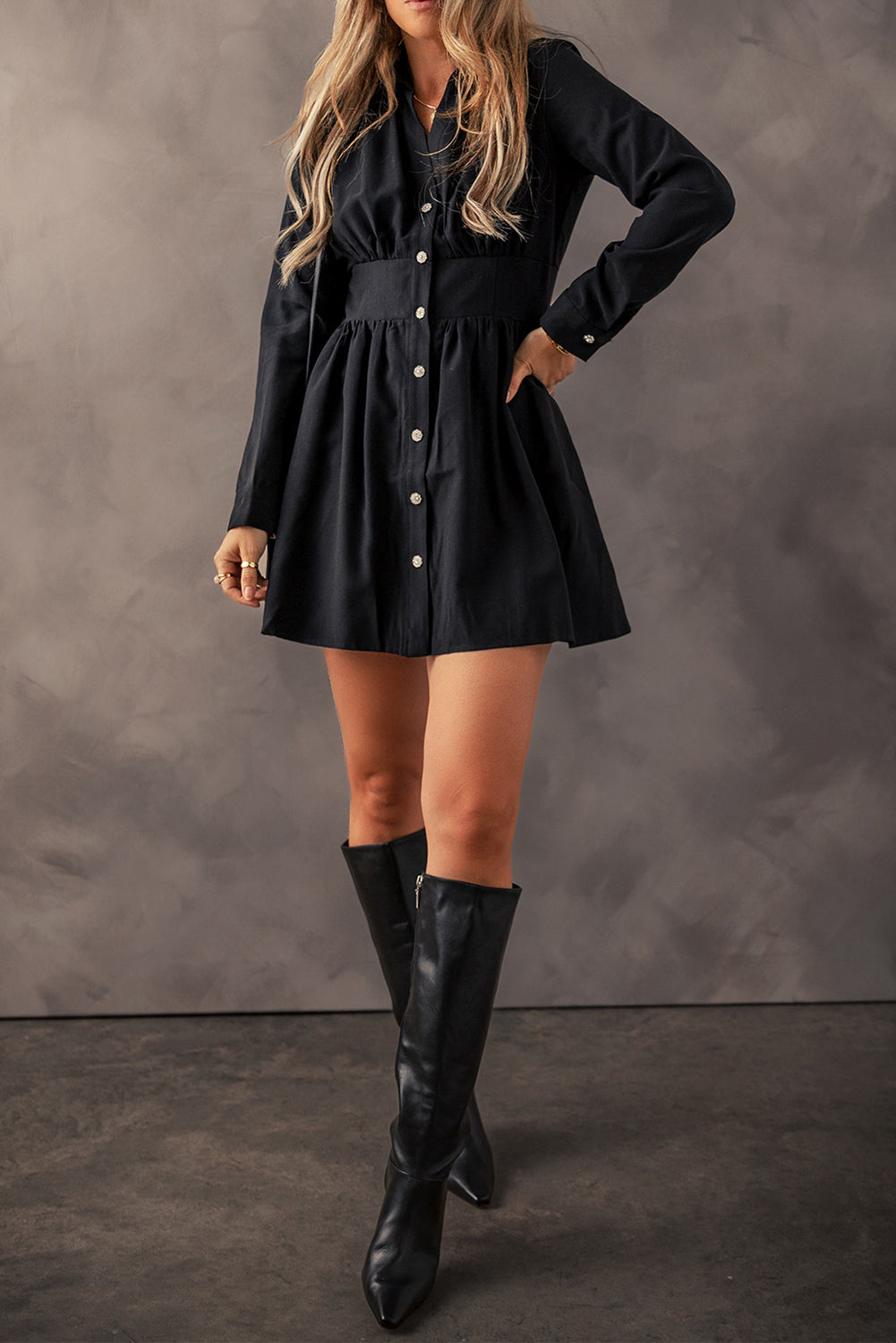 Blue Zone Planet | Black Elastic Cinched High Waist Long Sleeve Shirt Mini Dress-TOPS / DRESSES-[Adult]-[Female]-2022 Online Blue Zone Planet