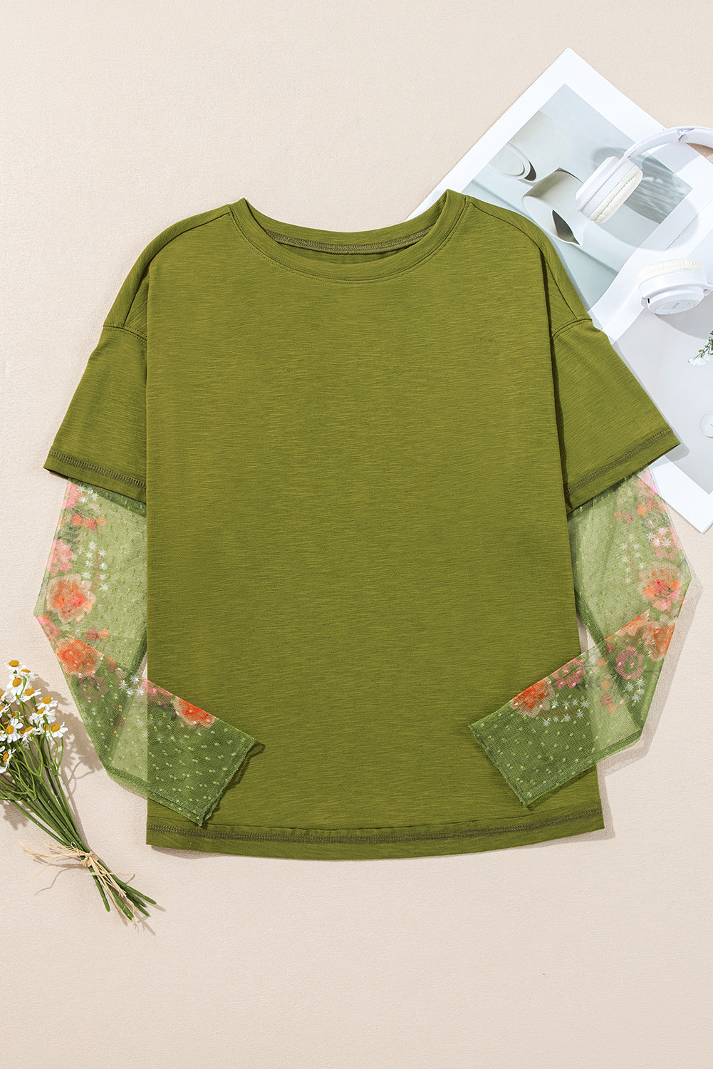 Blue Zone Planet | Fern Green Floral Mesh Patchwork Sleeve Crewneck Top-Long Sleeve Tops-[Adult]-[Female]-2022 Online Blue Zone Planet