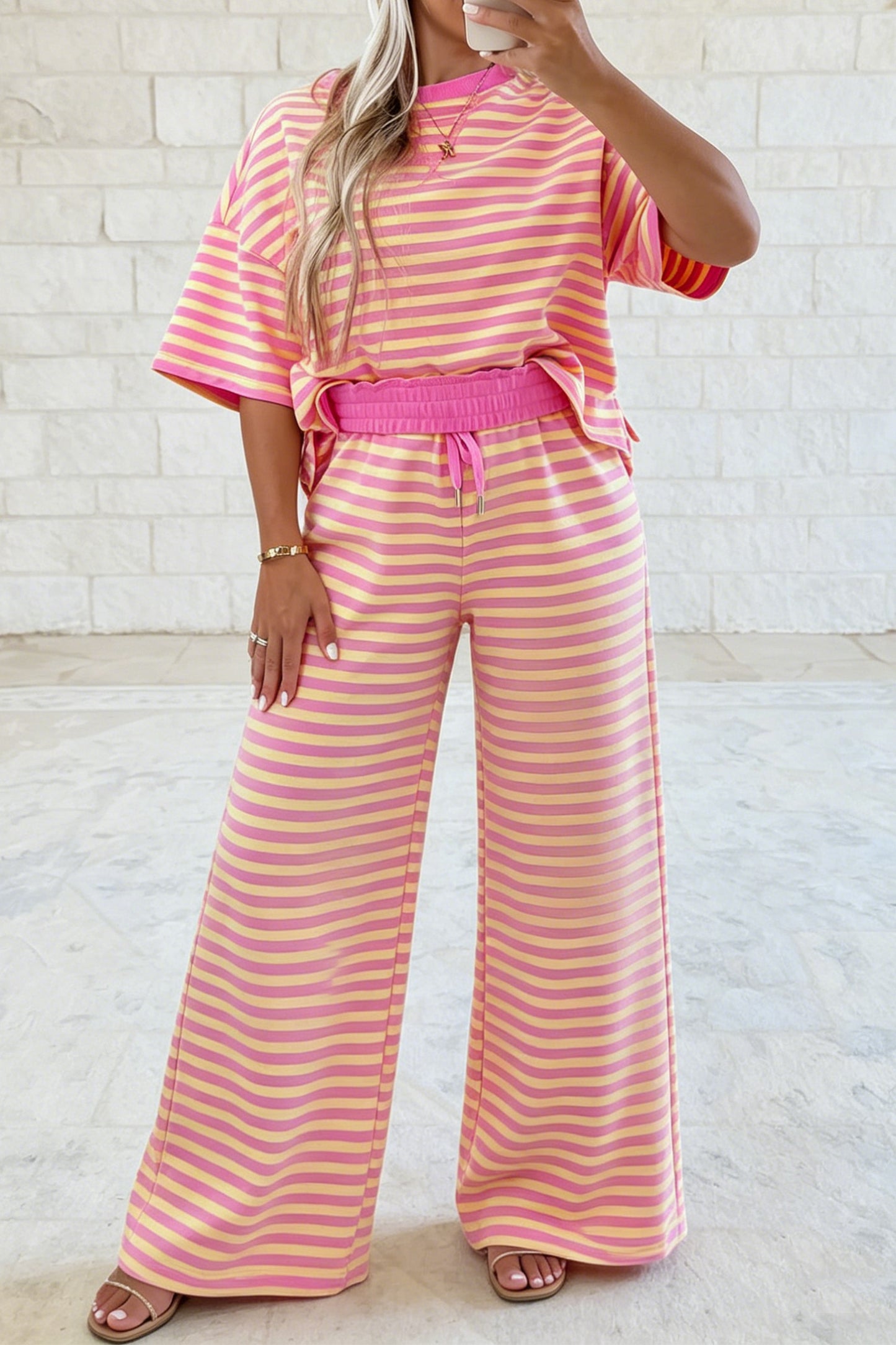 Pink Stripe Colorblock Trim Crew Neck Loose Tee Drawstring Elastic Waist 2pcs Pant Set-Two Piece Sets/Pant Sets-[Adult]-[Female]-2022 Online Blue Zone Planet