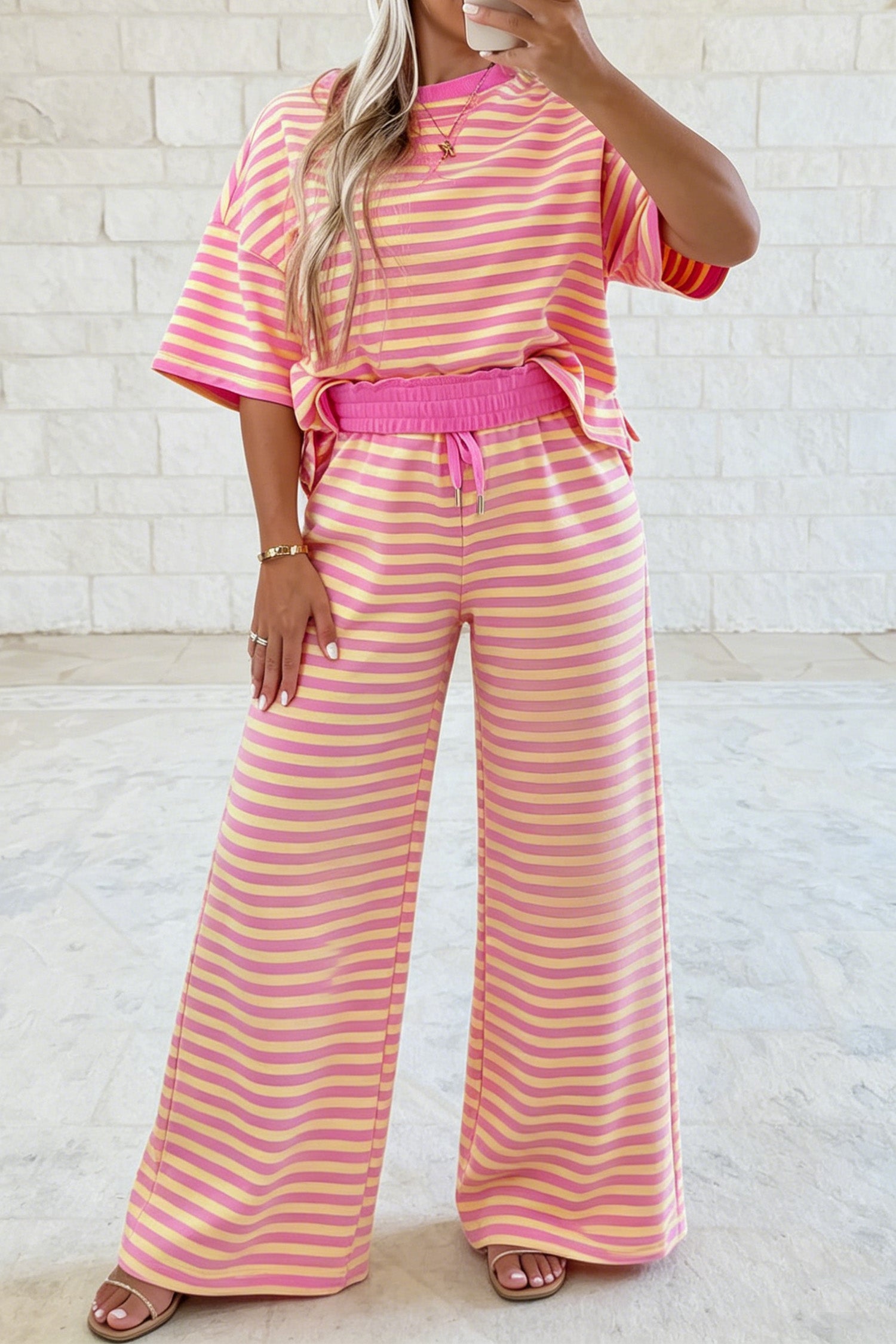 Pink Stripe Colorblock Trim Crew Neck Loose Tee Drawstring Elastic Waist 2pcs Pant Set-Two Piece Sets/Pant Sets-[Adult]-[Female]-2022 Online Blue Zone Planet