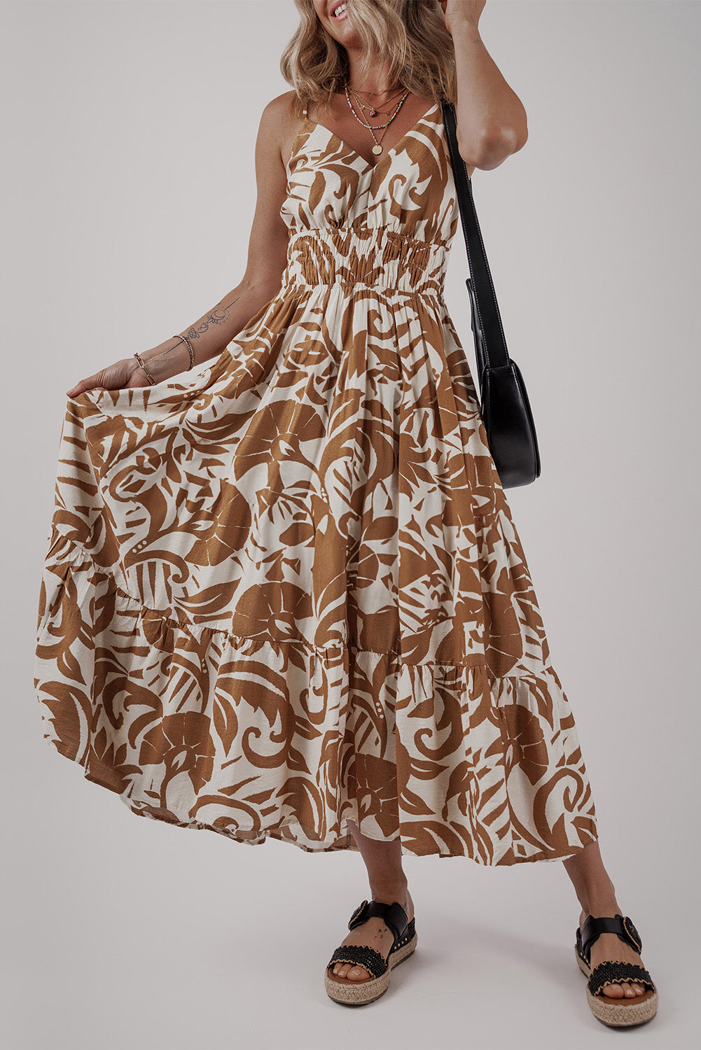 Khaki Floral Shirred High Waist Spaghetti Straps Maxi Dress-TOPS / DRESSES-[Adult]-[Female]-2022 Online Blue Zone Planet