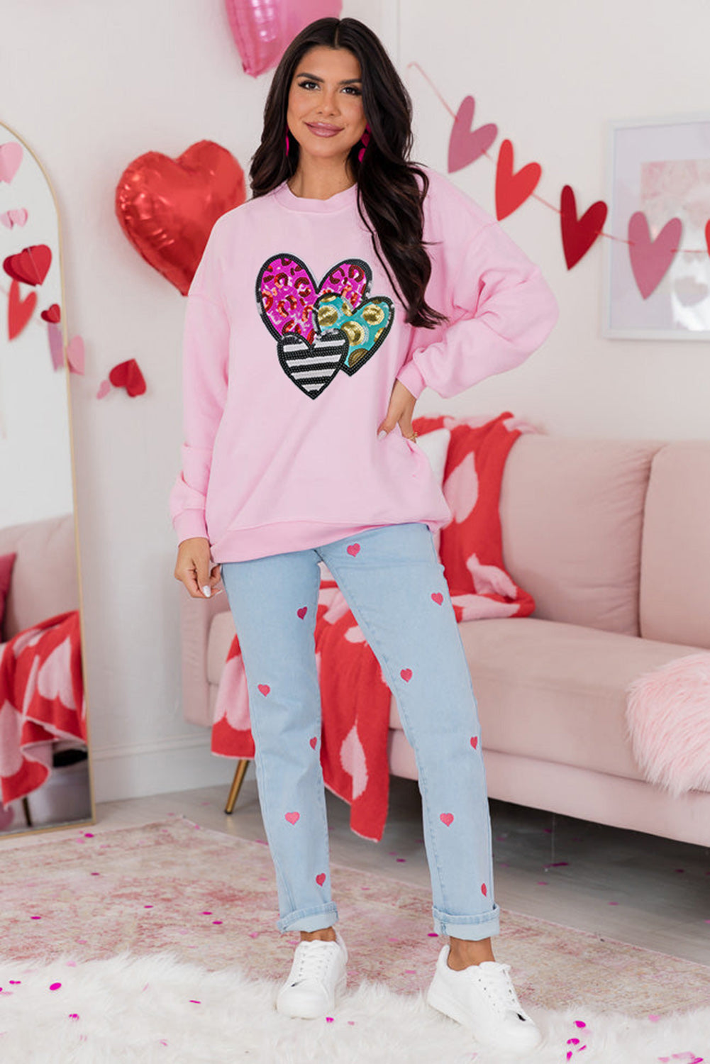 Pink Leopard Heart Patched Graphic Valentines Pullover Sweatshirt-Graphic Sweatshirts-[Adult]-[Female]-2022 Online Blue Zone Planet