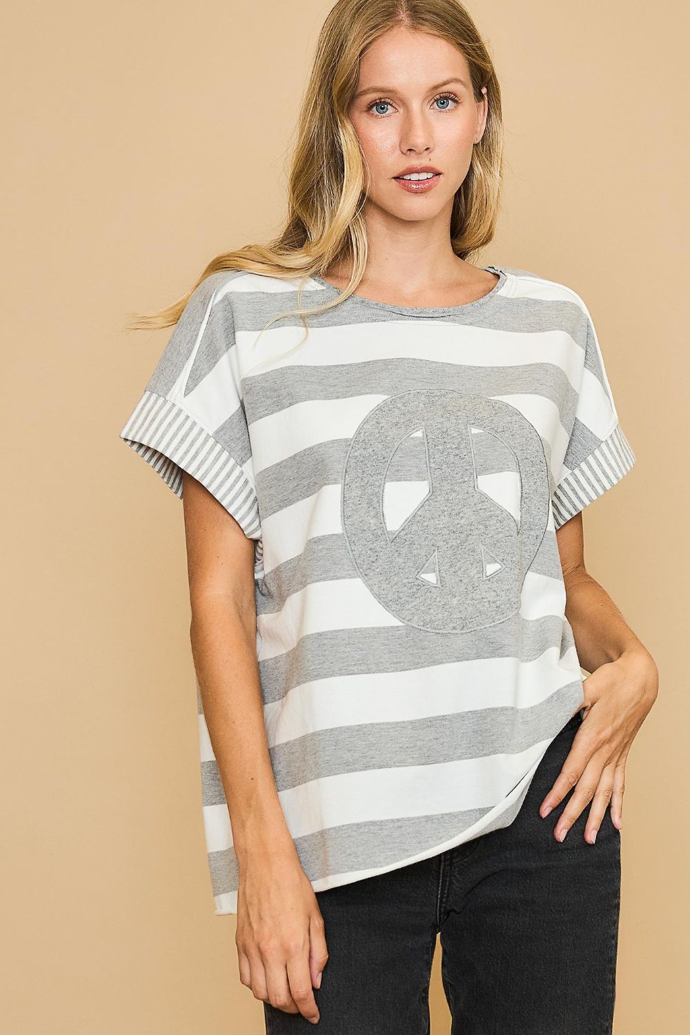 Umgee Peace Sign Patch Striped French Terry T-Shirt-TOPS / DRESSES-[Adult]-[Female]-2022 Online Blue Zone Planet