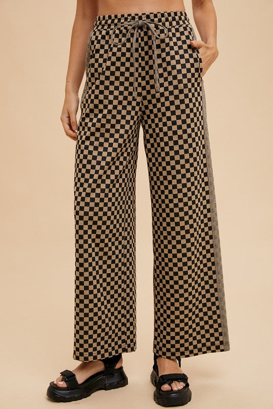 Annie Wear Drawstring Checkered Wide Leg Pants-BOTTOM SIZES SMALL MEDIUM LARGE-[Adult]-[Female]-Camel-S-2022 Online Blue Zone Planet