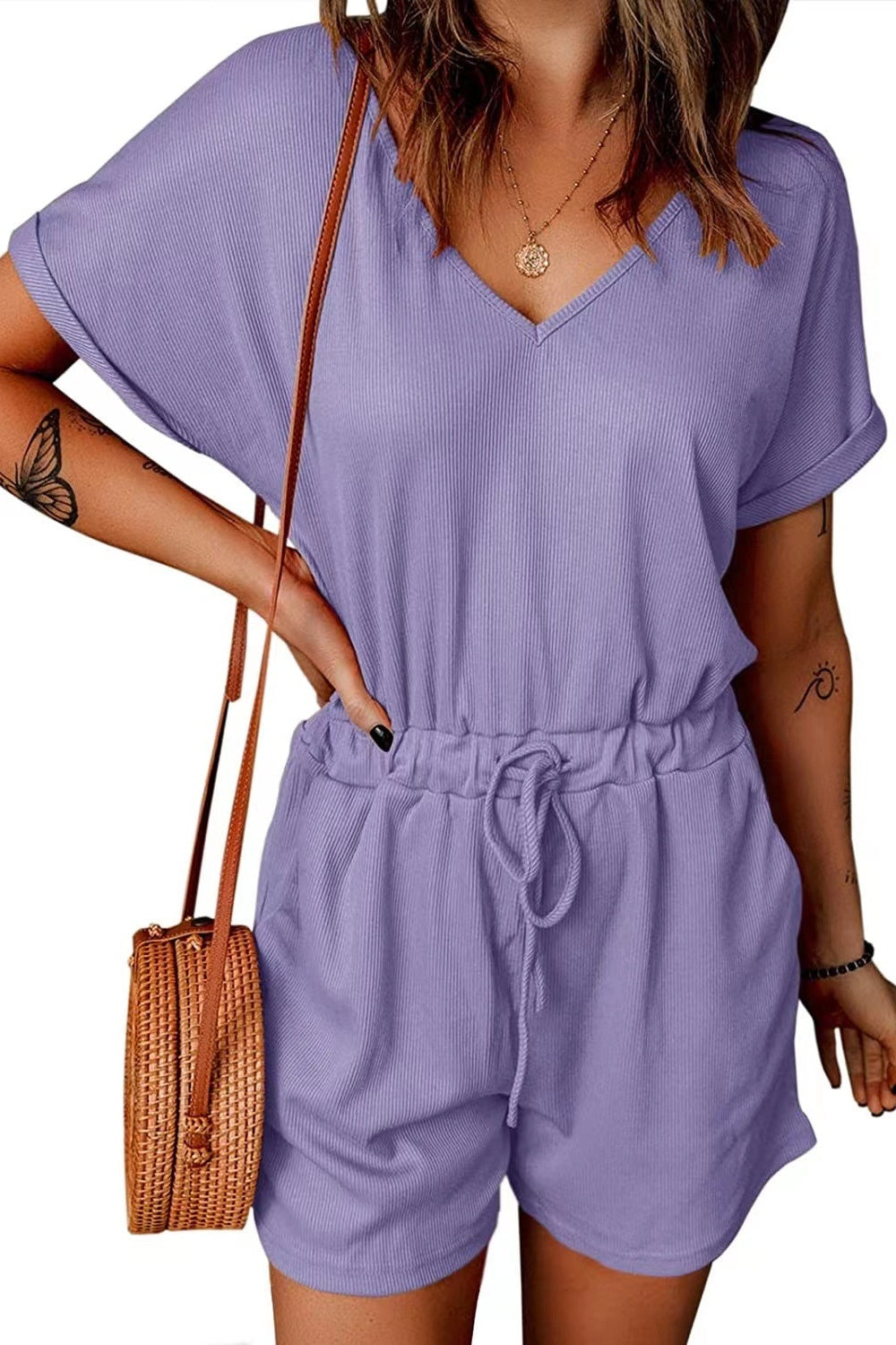 Full Size Drawstring V-Neck Short Sleeve Romper-TOPS / DRESSES-[Adult]-[Female]-2022 Online Blue Zone Planet