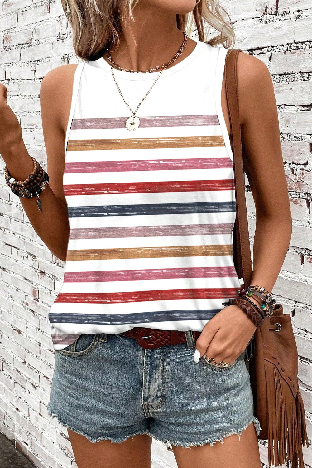 Red Stripe Rainbow Round Neck Tank Top-Tops/Tank Tops-[Adult]-[Female]-2022 Online Blue Zone Planet