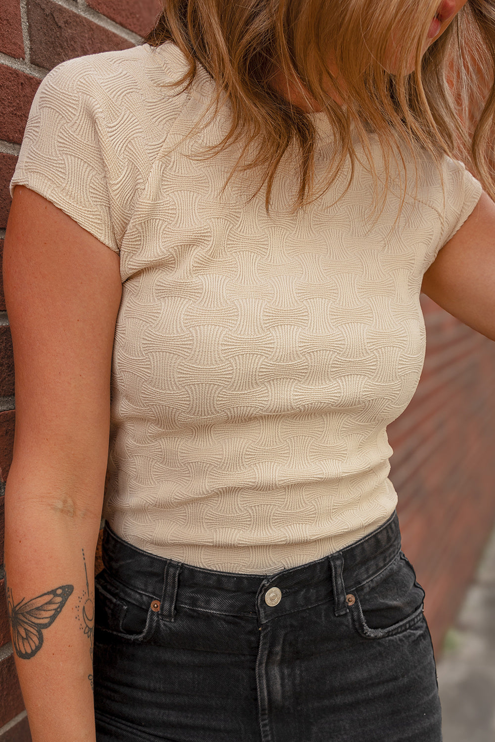 Beige Textured Crew Neck Cap Sleeve Slim Stretchy T Shirt-Tops/Tops & Tees-[Adult]-[Female]-2022 Online Blue Zone Planet