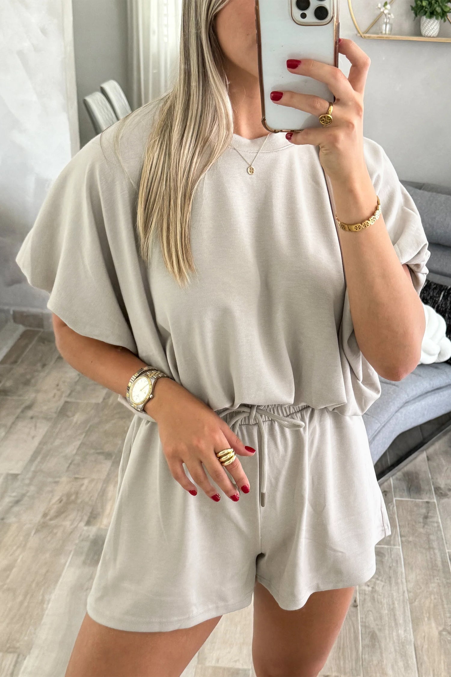 Smoke Gray Solid Color Puffy Loose Top Drawstring Shorts 2pcs Outfit-Two Piece Sets/Short Sets-[Adult]-[Female]-Smoke Gray-S-2022 Online Blue Zone Planet