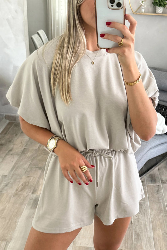 Smoke Gray Solid Color Puffy Loose Top Drawstring Shorts 2pcs Outfit-Two Piece Sets/Short Sets-[Adult]-[Female]-Smoke Gray-S-2022 Online Blue Zone Planet