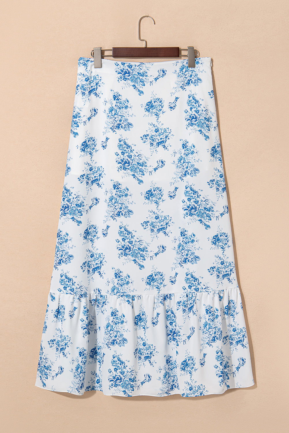 Sky Blue Boho Floral High Waist Ruffle Split Maxi Skirt-Bottoms/Skirts & Petticoat-[Adult]-[Female]-2022 Online Blue Zone Planet