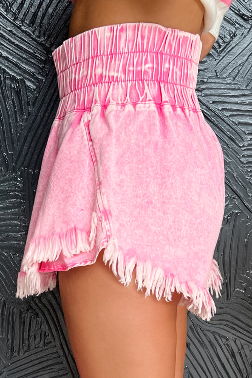 Pink Washed Wide Smocked Waistband Frayed Denim Shorts-Bottoms/Denim Shorts-[Adult]-[Female]-2022 Online Blue Zone Planet