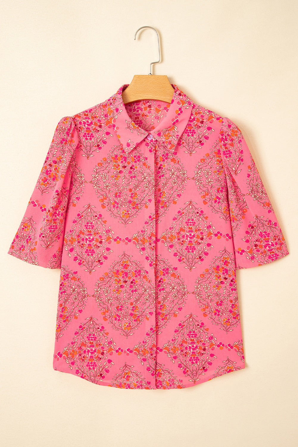 Rose Red Floral Print Wide Short Sleeve Loose Shirt-Tops/Blouses & Shirts-[Adult]-[Female]-2022 Online Blue Zone Planet