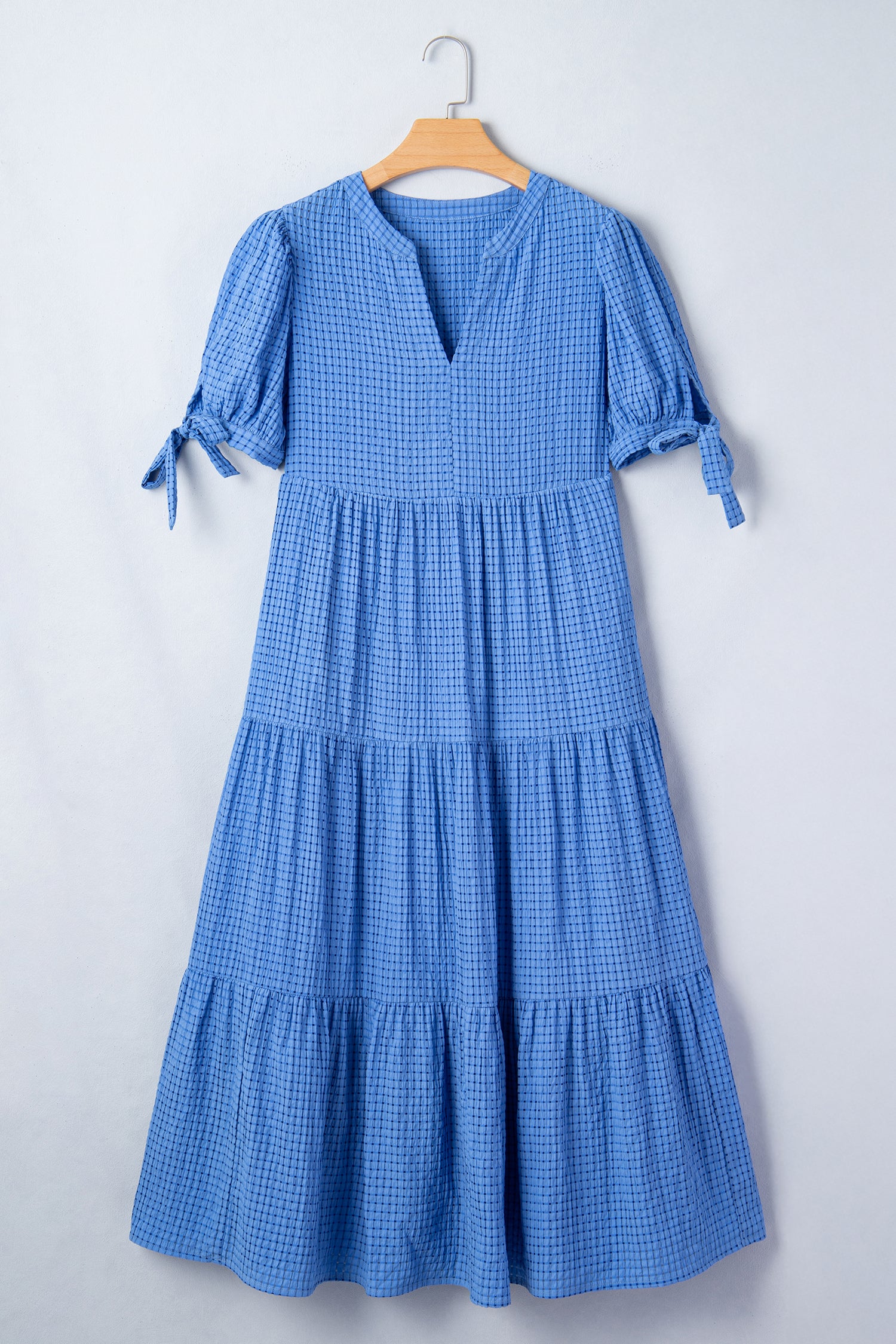 Dusk Blue Gingham Textured Bow Tie Short Sleeve Tiered Midi Dress-Dresses/Midi Dresses-[Adult]-[Female]-2022 Online Blue Zone Planet