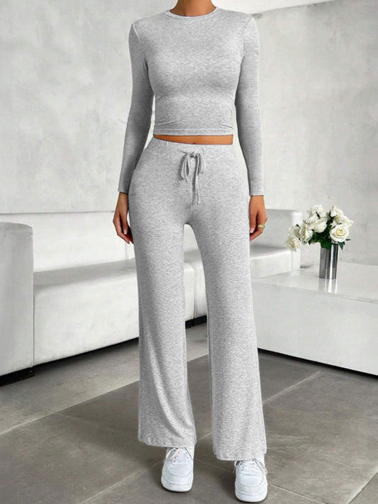 Blue Zone Planet |  Round Neck Long Sleeve Top and Drawstring Pants Set