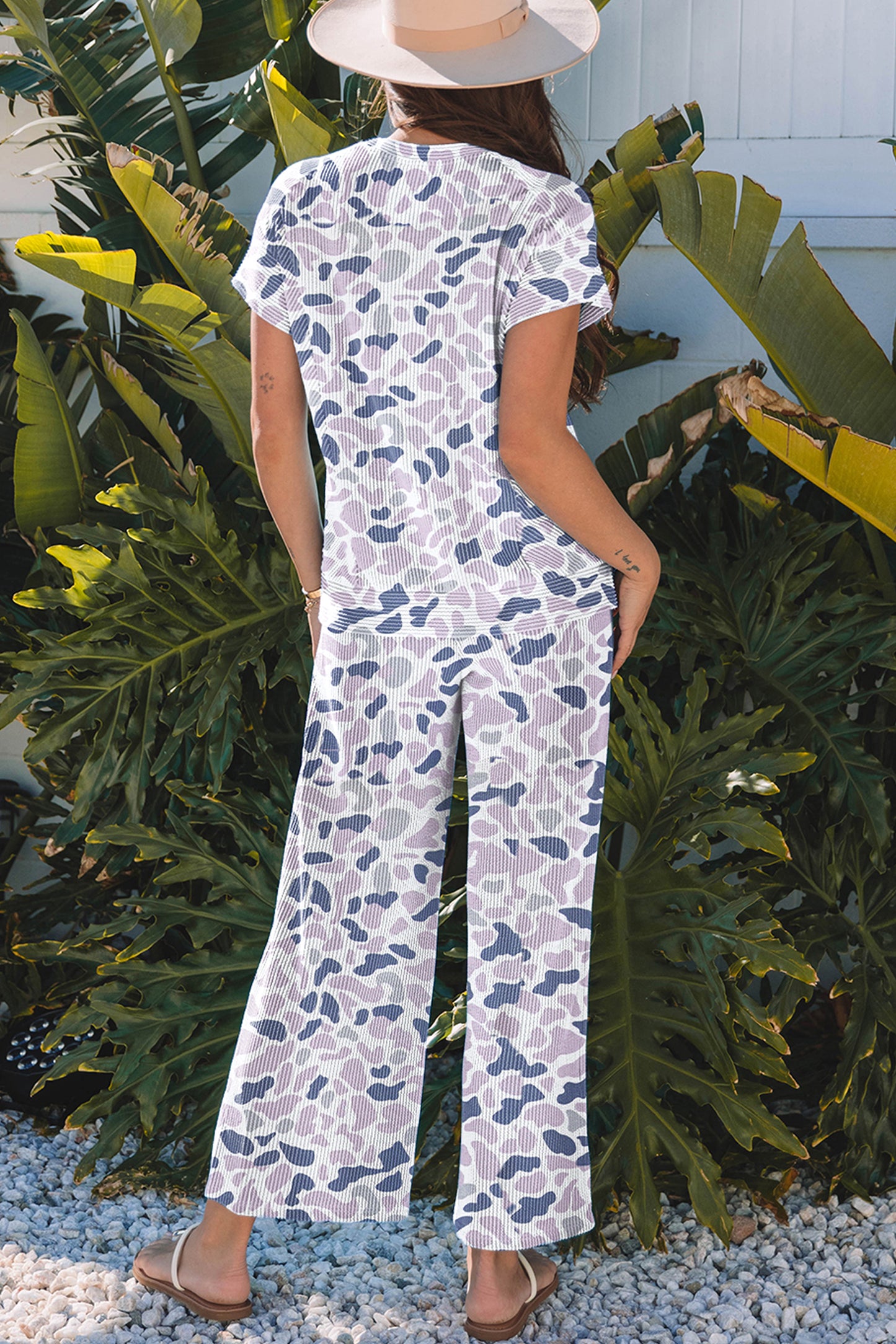 Beige Camouflage Print Twisted Rib Loose Tee Drawstring Pants Set-Two Piece Sets/Pant Sets-[Adult]-[Female]-2022 Online Blue Zone Planet