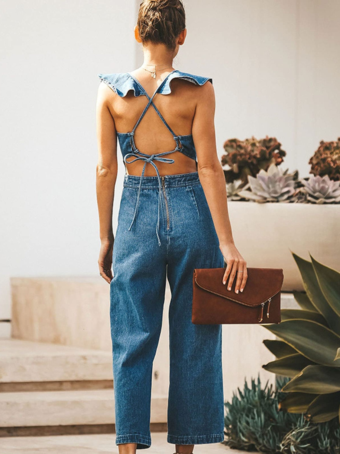 Ruffled Backless Sleeveless Denim Jumpsuit-TOPS / DRESSES-[Adult]-[Female]-2022 Online Blue Zone Planet