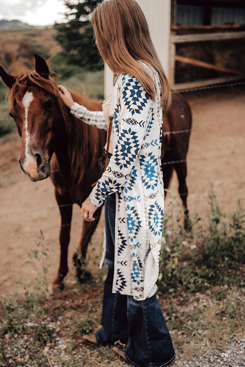 Sky Blue Western Aztec Printed Open Front Long Cardigan-Sweaters & Cardigans/Cardigans-[Adult]-[Female]-2022 Online Blue Zone Planet