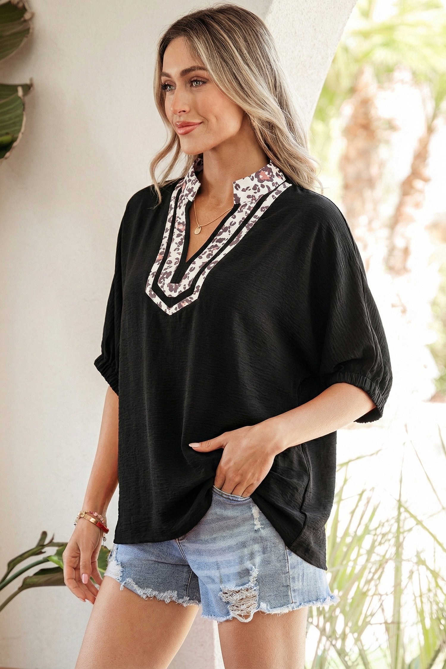 Black Dolman Half Sleeve Leopard Patchwork Trim V Neck Blouse-Tops/Blouses & Shirts-[Adult]-[Female]-2022 Online Blue Zone Planet