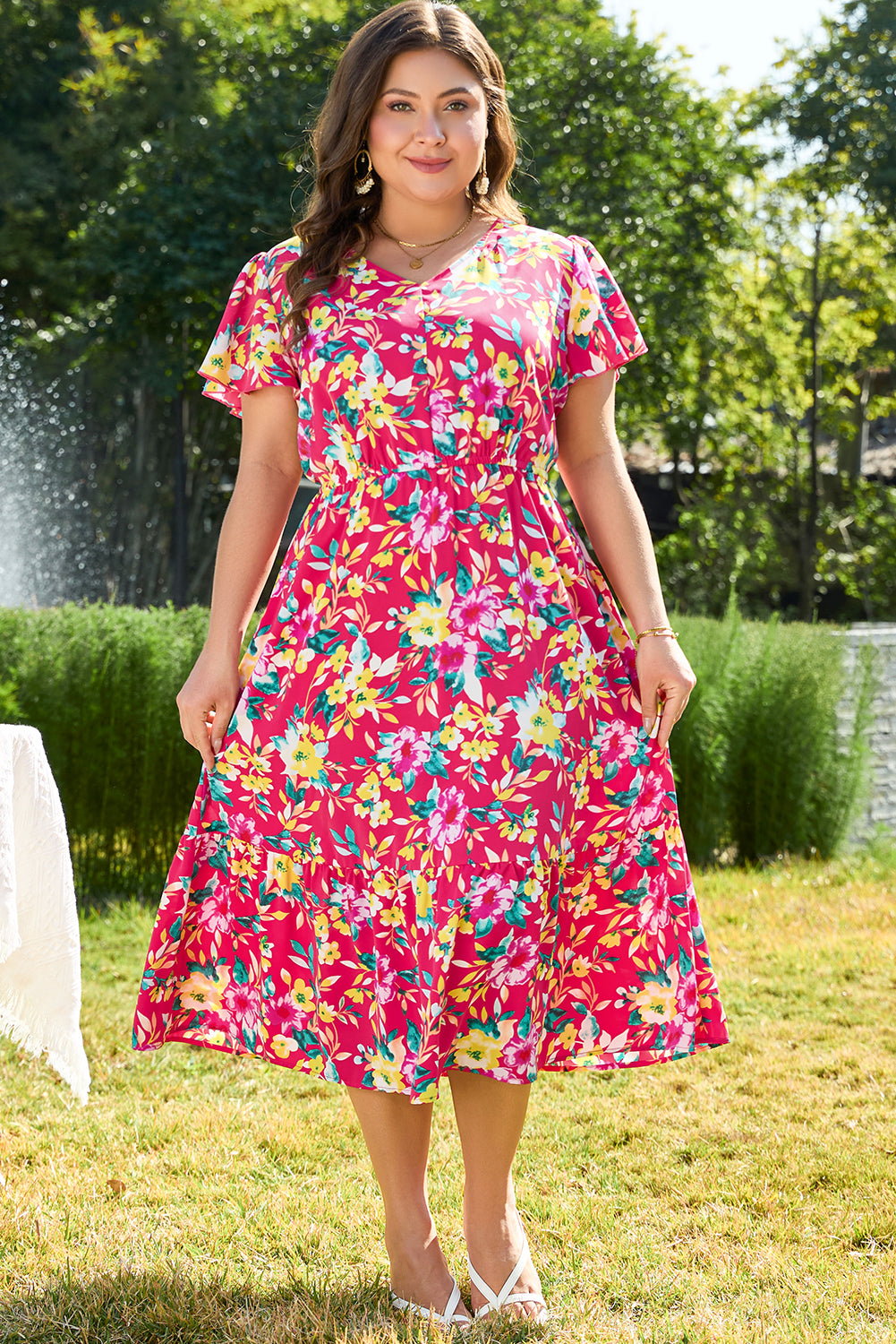 Pink Floral Print V Neck Pocketed High Waist Plus Size Midi Dress-Plus Size/Plus Size Dresses/Plus Size Midi Dresses-[Adult]-[Female]-2022 Online Blue Zone Planet