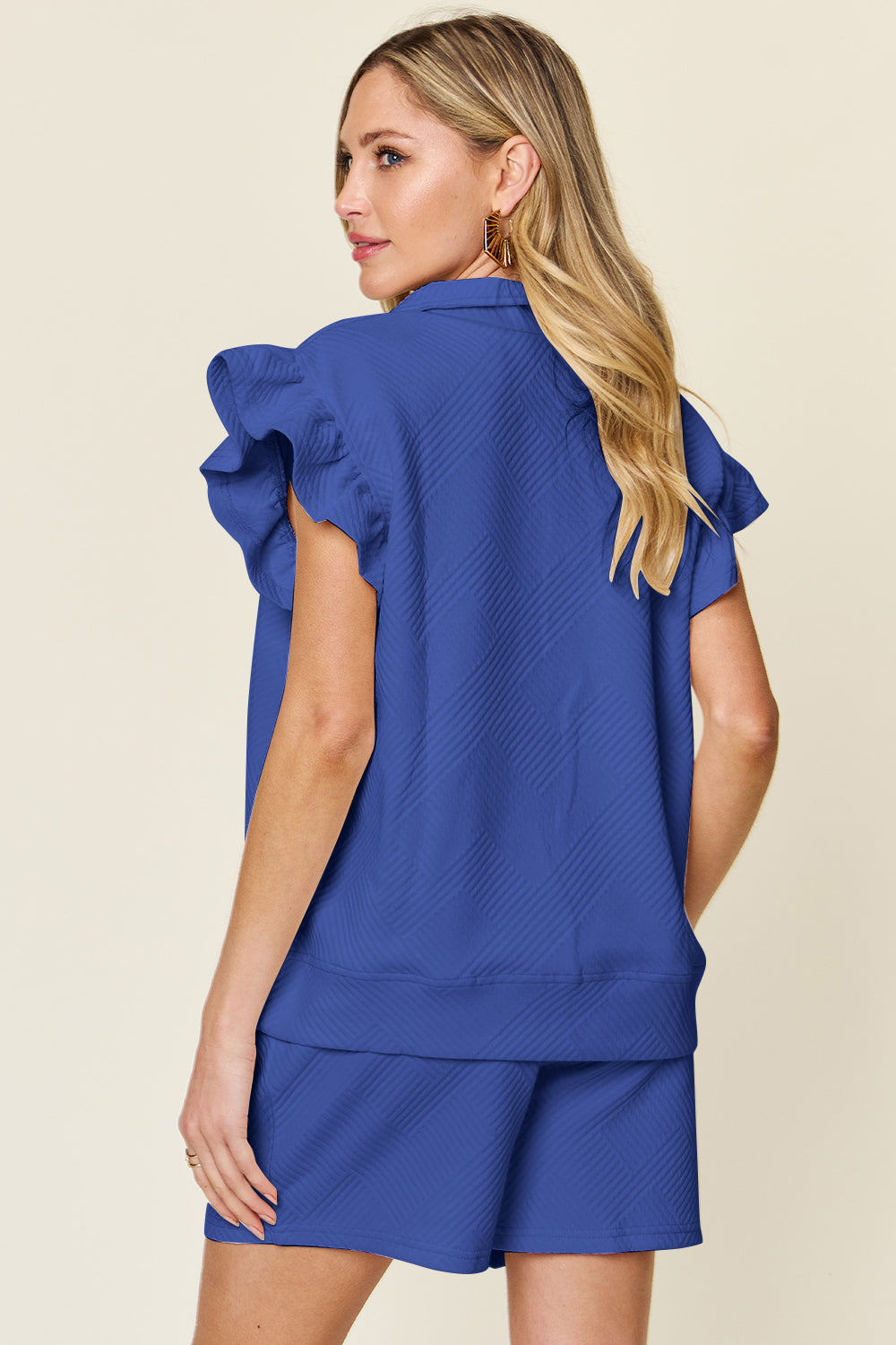 Blue Zone Planet | Double Take Full Size Texture Flounce Sleeve Top and Drawstring Shorts Set-TOPS / DRESSES-[Adult]-[Female]-2022 Online Blue Zone Planet