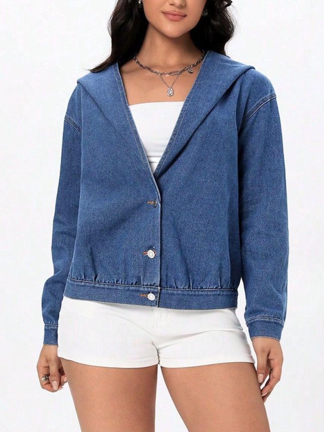 Button Up Hooded Denim Top-TOPS / DRESSES-[Adult]-[Female]-2022 Online Blue Zone Planet