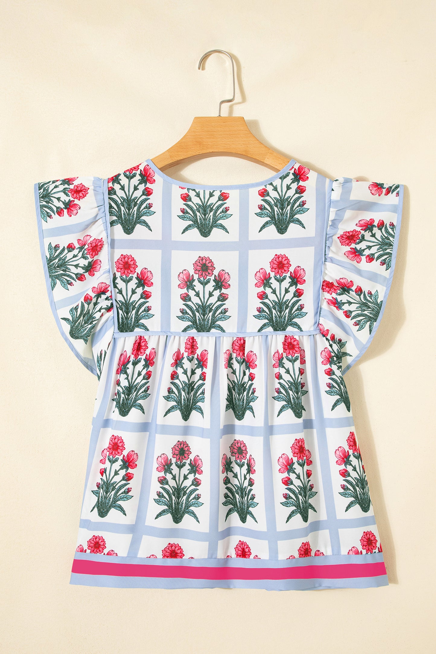 Pink Floral Flutter Sleeve Split V Neck Top
