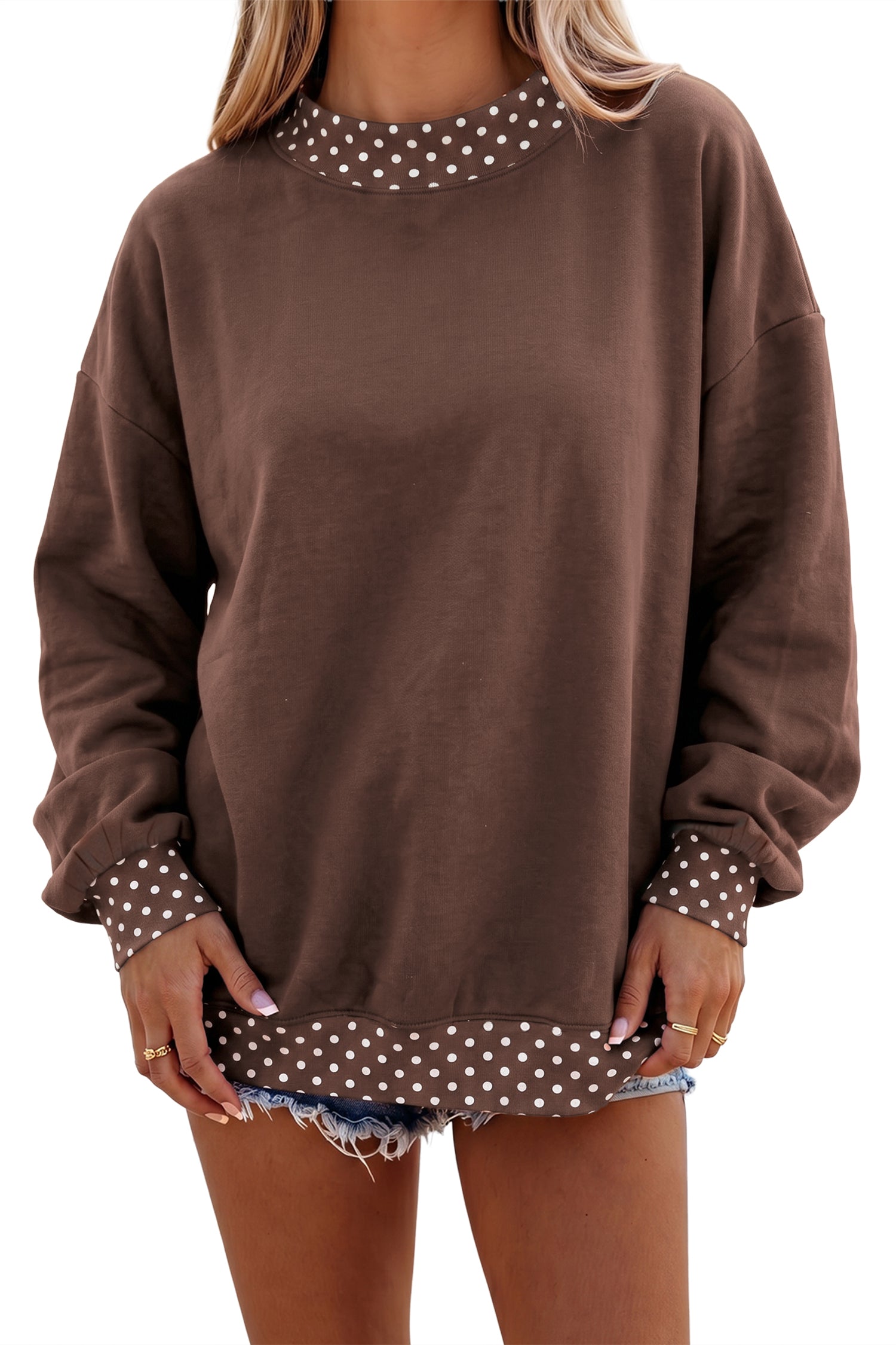 Dirty blue Colorblock Polka Dot Contrast Trim Oversized Sweatshirt-Tops/Sweatshirts & Hoodies-[Adult]-[Female]-2022 Online Blue Zone Planet