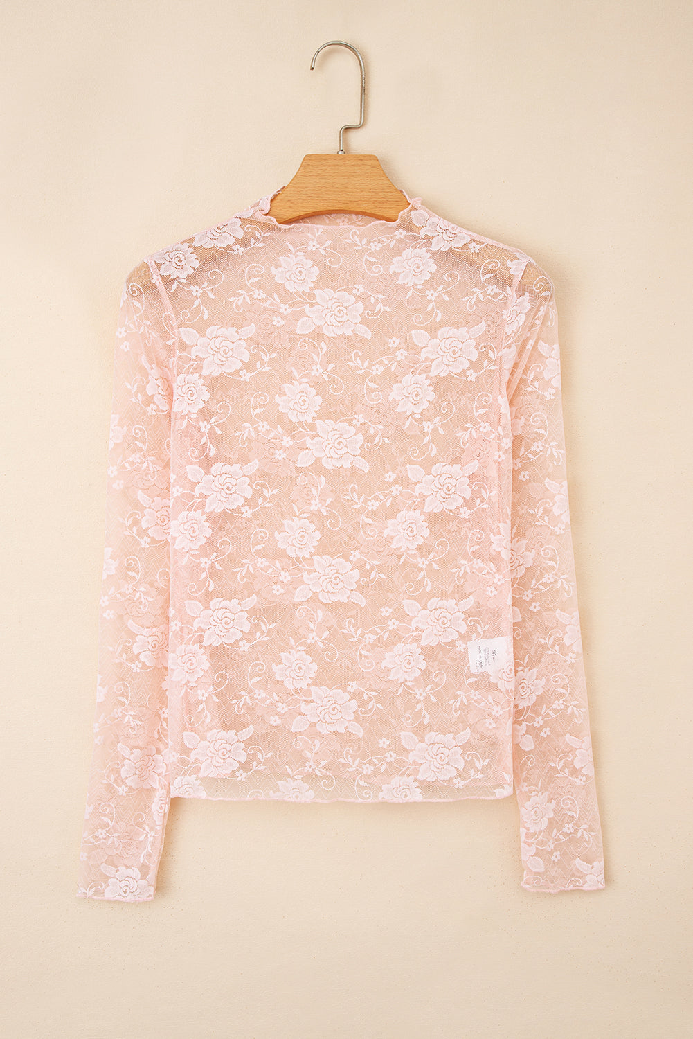 Apricot Pink Sheer Floral Lace Mesh Mock Neck Long Sleeve Top-Tops/Long Sleeve Tops-[Adult]-[Female]-2022 Online Blue Zone Planet