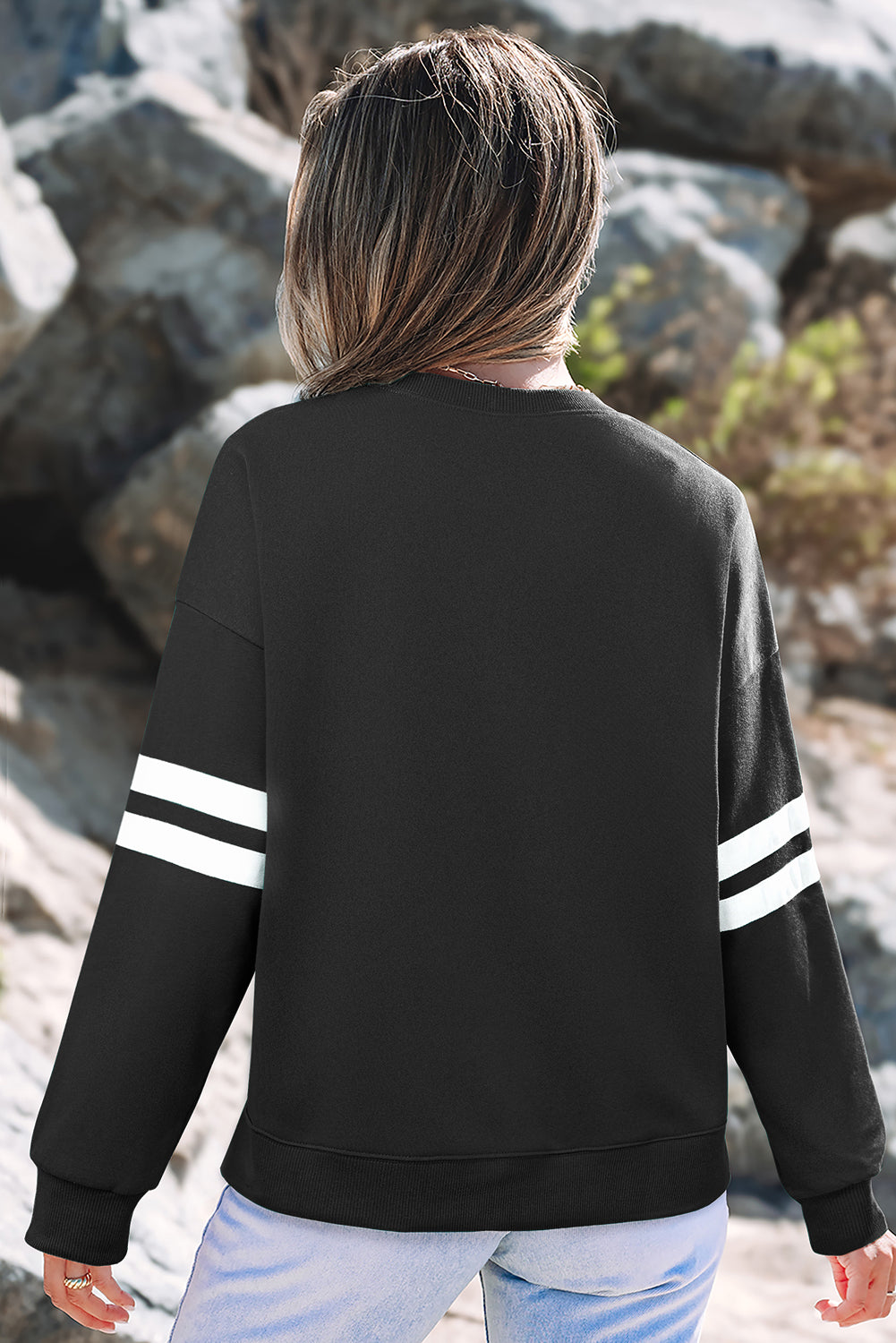 Black Varsity Striped Detail Drop Shoulder Oversized Sweatshirt-Tops/Sweatshirts & Hoodies-[Adult]-[Female]-2022 Online Blue Zone Planet