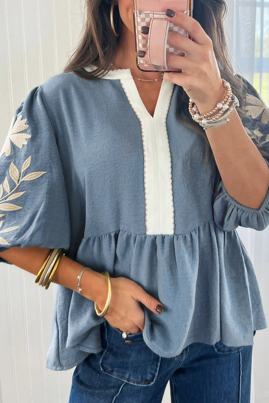 Myosotis Color Block Patchwork V Neck Embroidered Puff Sleeve Babydoll Blouse-Tops/Blouses & Shirts-[Adult]-[Female]-Myosotis-S-2022 Online Blue Zone Planet
