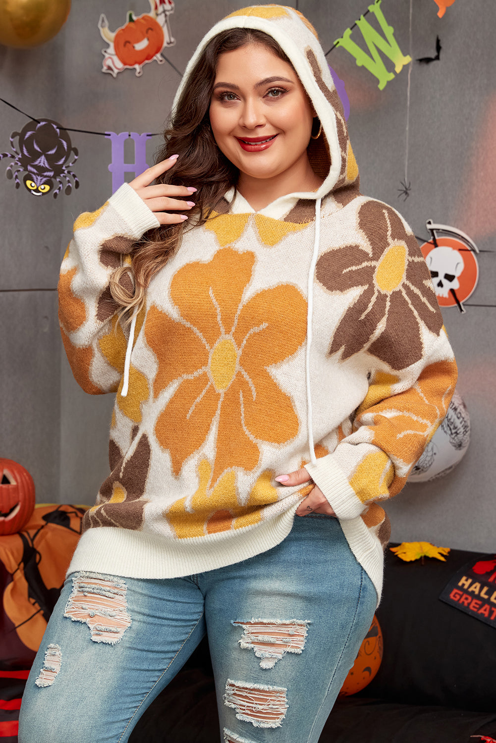 White Large Flower Knitted Drawstring Hooded Plus Size Sweater-Plus Size/Plus Size Sweaters & Cardigans-[Adult]-[Female]-2022 Online Blue Zone Planet