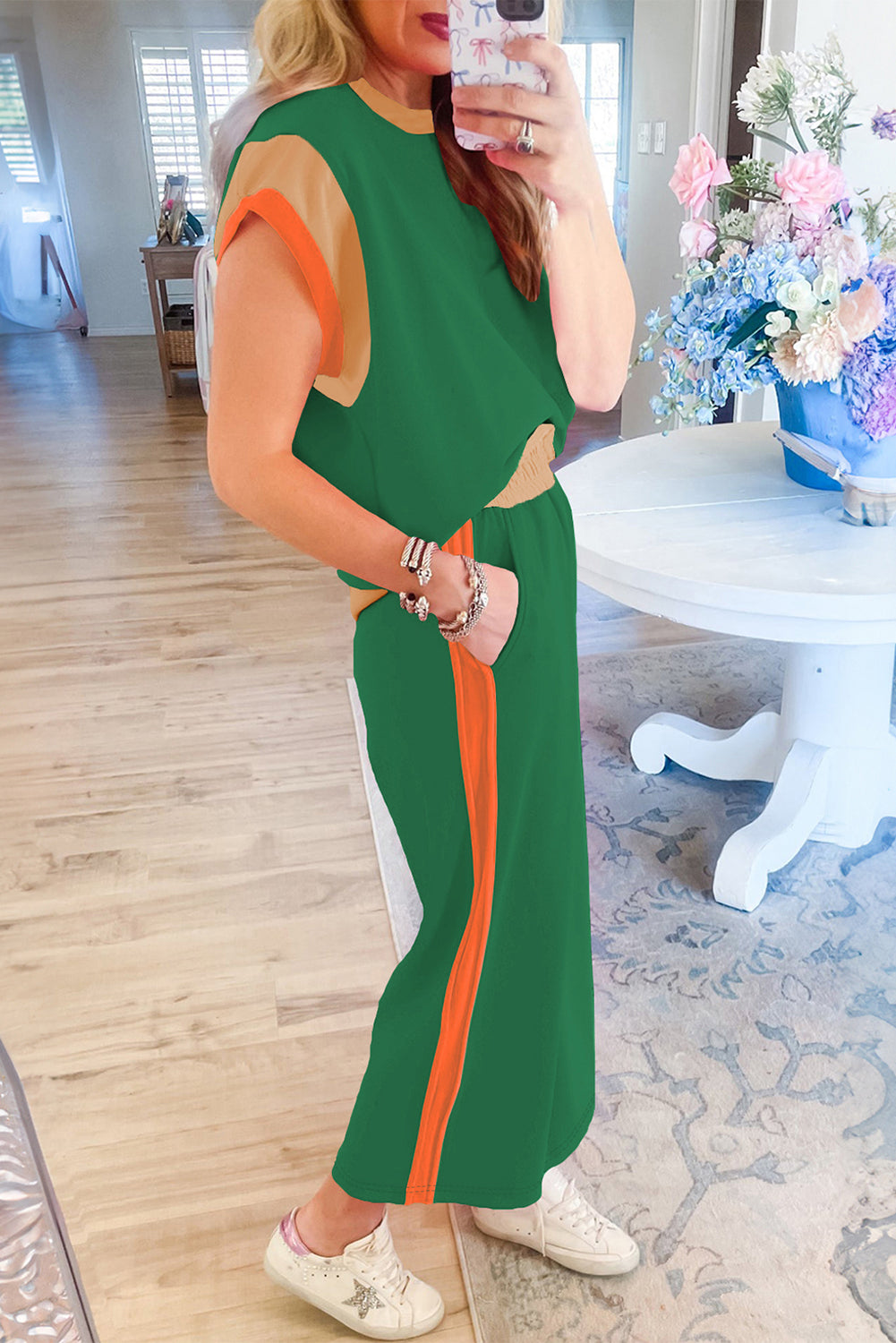 Dark Green Color Block Detail Casual Two-piece Set-Two Piece Sets/Pant Sets-[Adult]-[Female]-2022 Online Blue Zone Planet