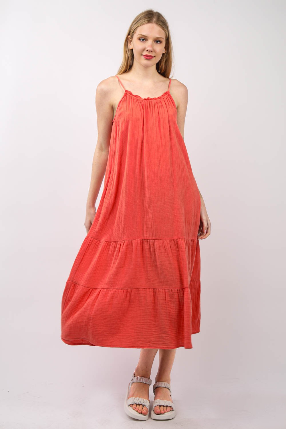 VERY J Ruffled A-Line Midi Cami Dress-TOPS / DRESSES-[Adult]-[Female]-Coral-S-2022 Online Blue Zone Planet