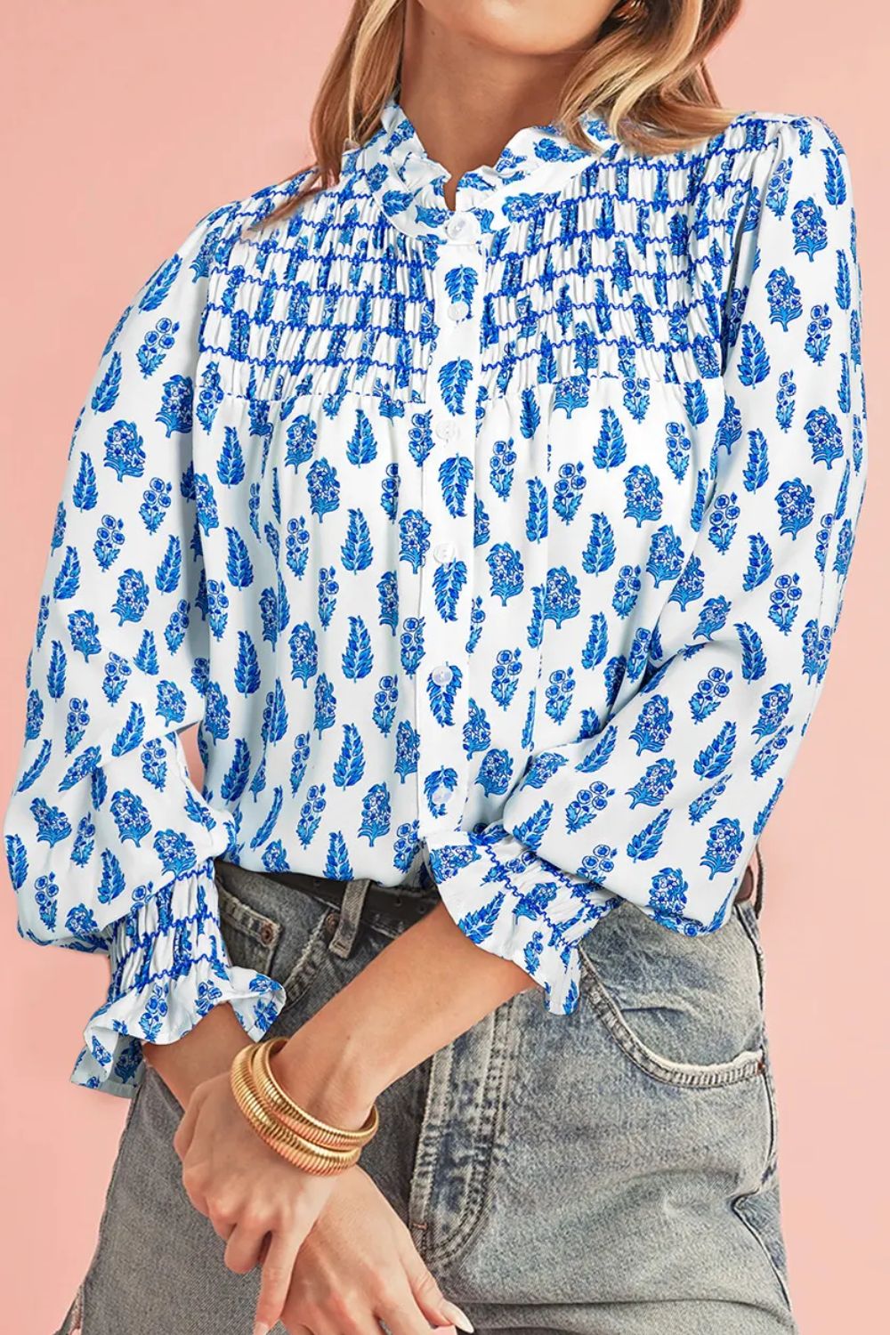 Frill Printed Button Up Long Sleeve Shirt-TOPS / DRESSES-[Adult]-[Female]-White-S-2022 Online Blue Zone Planet