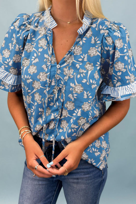 Blue Floral Print Button Tie Neck Striped Detail Short Sleeve Blouse-Tops/Blouses & Shirts-[Adult]-[Female]-Blue-S-2022 Online Blue Zone Planet