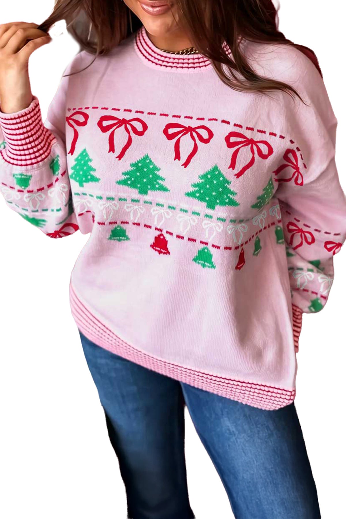Pink Festive Holiday Print Round Neck Loose Tunic Sweater-TOPS / DRESSES-[Adult]-[Female]-2022 Online Blue Zone Planet