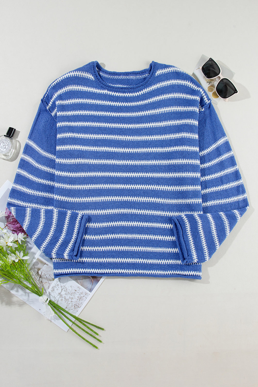 Blue Zone Planet | Green Stripe Casual Stripe Round Neck Drop Shoulder Sweater-Sweaters-[Adult]-[Female]-2022 Online Blue Zone Planet