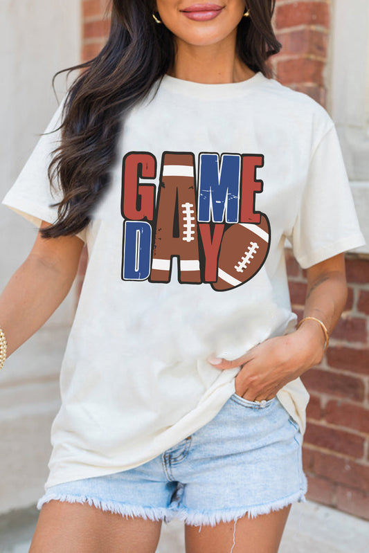 White GAME DAY Football Letter Graphic T Shirt-Graphic/Graphic Tees-[Adult]-[Female]-White-S-2022 Online Blue Zone Planet